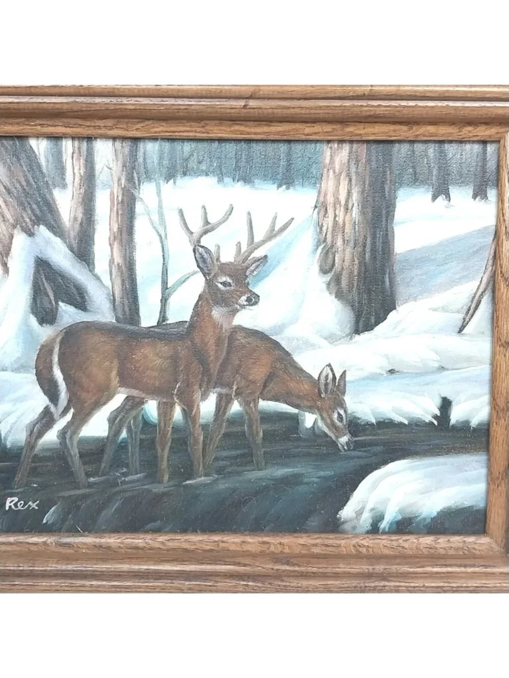 Bevel Framed Winter Forest Oil Painting With Deer Signed By Rex Hunting Lodge